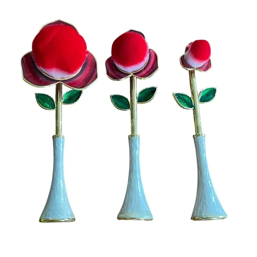 3pc Rose Flower Makeup Brush Set Red Floral Vanity Decor Powder Blush Brushes